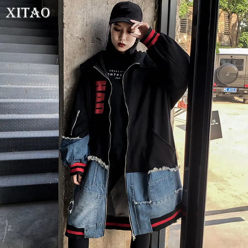 XITAO Tide лоскутное джинсовое длинное пальто с буквенным принтом женская одежда 2019