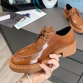 

Luxury Brown Leather Women Loafers Round Toe Thick Sole Formal Ladies Oxfords Shoes British Style Lace Up Casual Shoes Woman