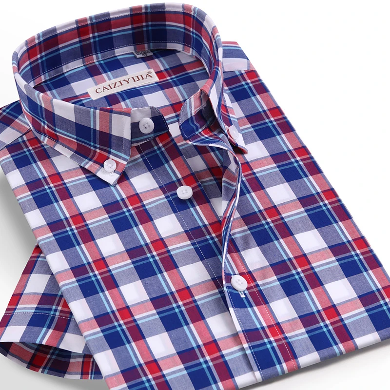 

Men's Summer Short Sleeve Plaid Checkered Shirt Pocket-less Design Casual Button-down Collar Standard-fit Cotton Gingham Shirts