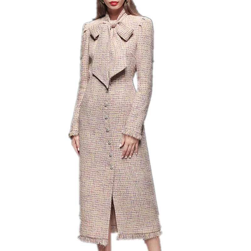 Небольшой аромат зимнее шерстяное пальто для женщин лук мода полный рукав твид тонкий длинный шерстяной верхняя одежда