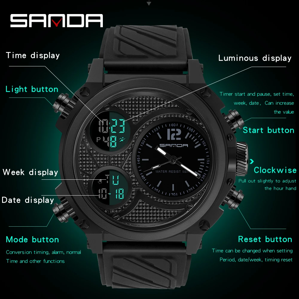 SANDA New Fashion Watches for Men Waterproof Quartz Wristwatch Multi-function 3 Dials Cool Male Sport Clock Relogio  Masculine
