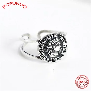 

POFUNUO 925 Stering Silver Vintage Make Old Coin Head Portrait Chic Rings Women Fashion Wedding Jewelry Distressed Open Rings