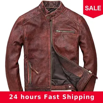 

2020 Vintage Brown Men Slim Fit Biker's Leather Jacket Plus Size XXXXXL Genuine Cowhide Autumn Motorcycle Leather Coat