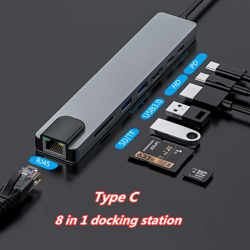 Type C Hub To 4K HDMI RJ45 USB 3.0 SD/TD Card Reader PD Fast Charge 8-in-1 Multifunction Adapter For Mac Book Pro USB C HUB