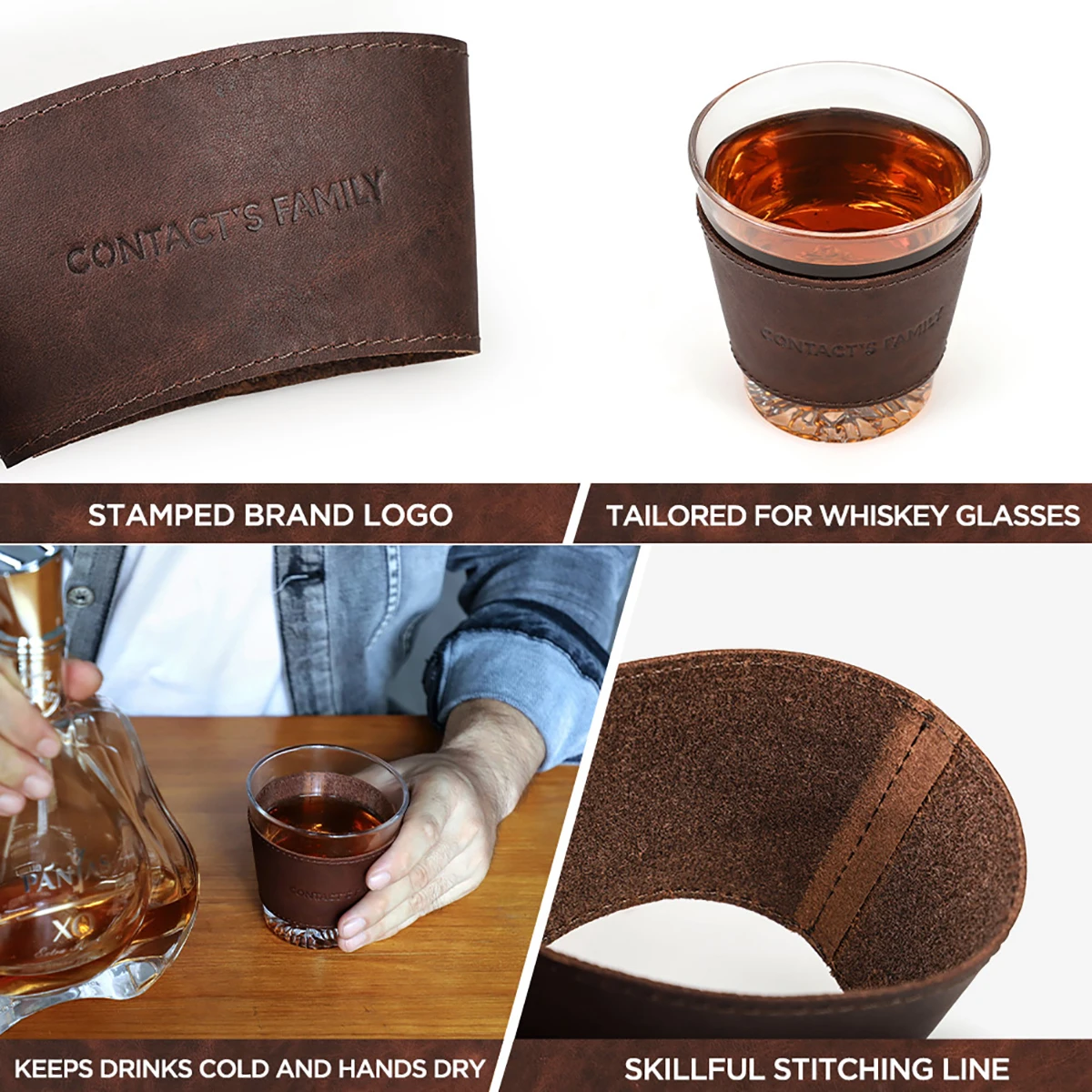 CONTACT'S FAMILY Cow Leather Wrap Wine Glasses Cups whisky Glass Set Whiskey Cup Sleeve Set For 3.5''x2.4''x3.8'' Glasses Cup