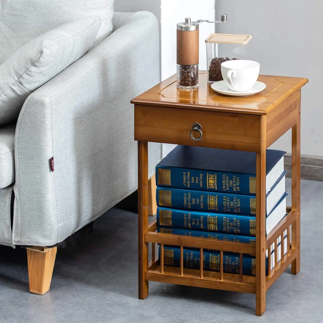 Bamboo Bedside Table with Drawer Bedroom Nightstand Plant Storage Shelving Unit - 2