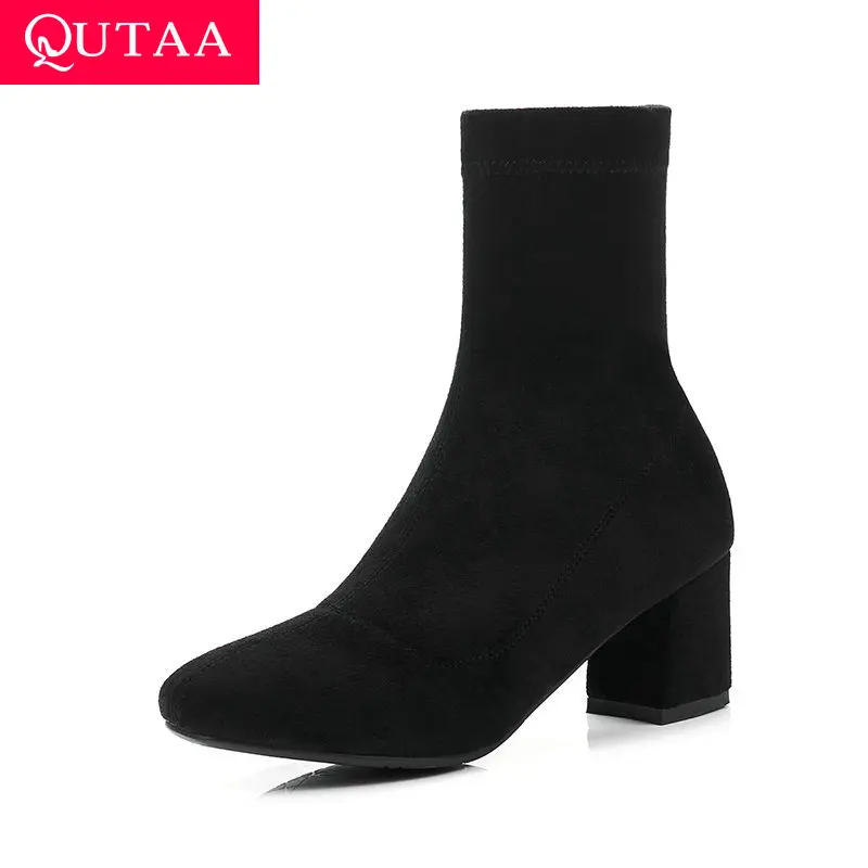 

QUTAA 2020 Stretch Flock Elegant Slip On Women Shoes Round Toe Square High Heel Autumn Winter Casual Ankle Boots Big Size 34-43