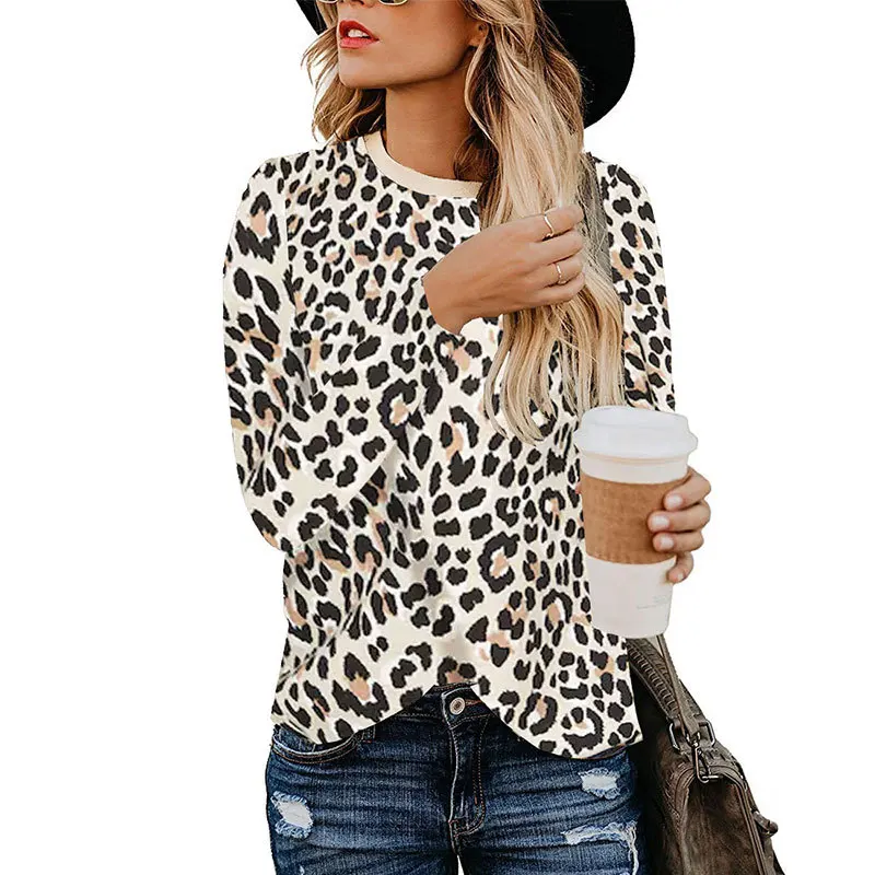 Autumn winter Street Wear Womens Casual Leopard Print Long Sleeve T Shirt Tops Loose Round Collar Pullover Printed Tops - Цвет: J