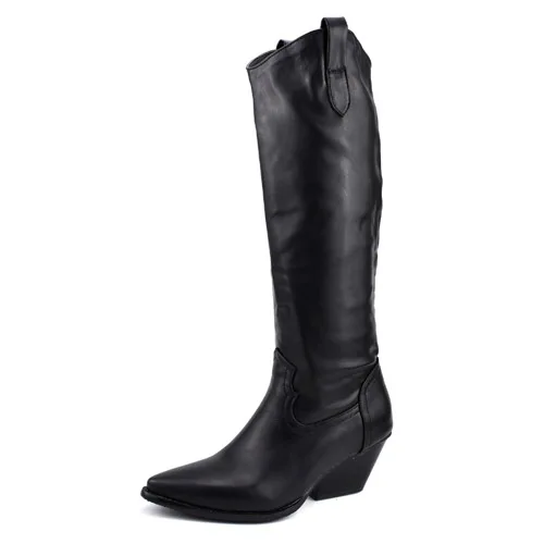 CDPUNDARI/женские ковбойские сапоги на высоком каблуке; сапоги до колена; женские ковбойские сапоги на высоком каблуке; женская зимняя обувь; женские сапоги для верховой езды - Color: Black