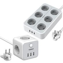 

TESSAN EU Plug Extender Socket Power Strip with 2M Cable, 3/6 Way Outlets & 3 USB Ports, Multiple Sockets Power strip for Home
