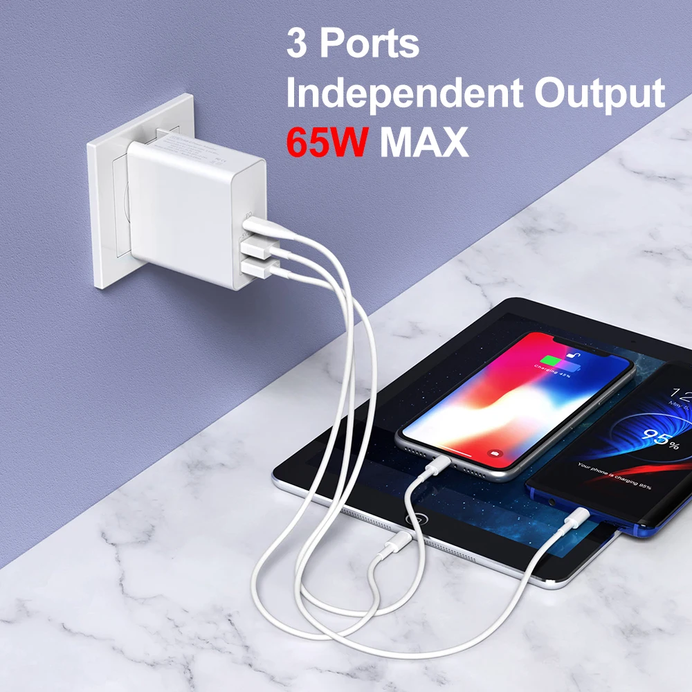 65 Вт TYPE-C USB-C адаптер питания, 1 порт PD60W QC3.0 зарядное устройство для USB-C ноутбуков MacBook Pro/Воздушный iPad Pro, 2 порта USB для samsung iPhone