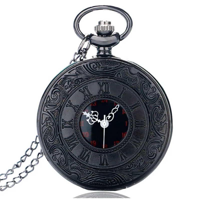 Черный Pocketwatch винтажные шармунисекс модные римские цифры Кварцевые в стиле стимпанк женские карманные часы мужское ожерелье с подвеской с