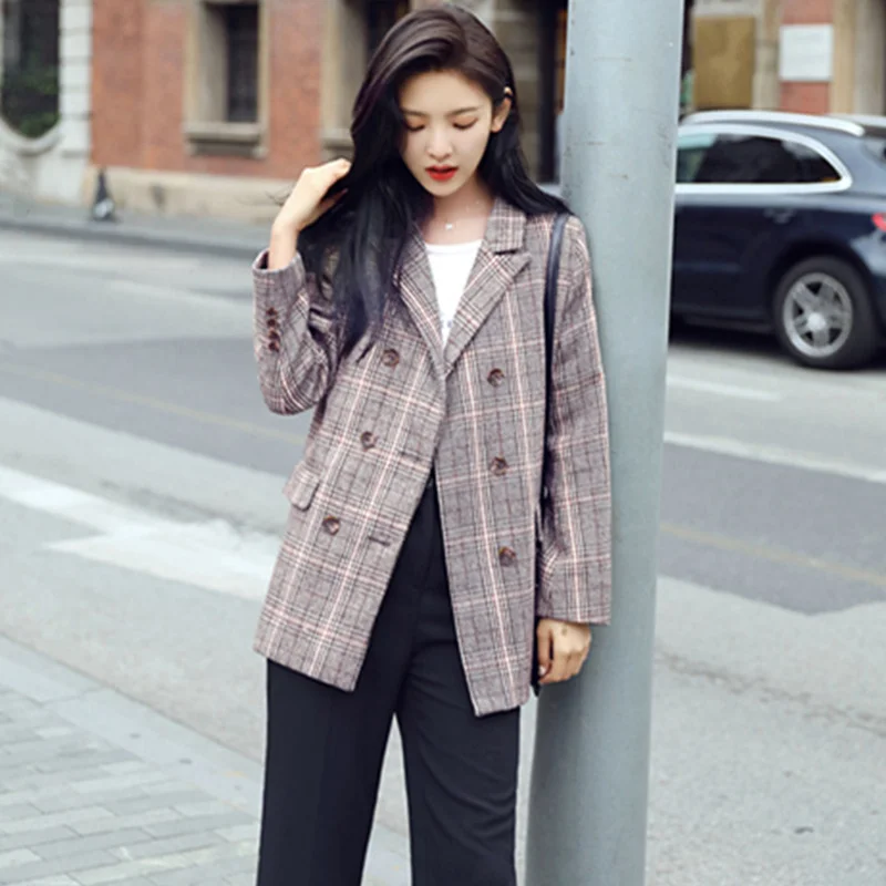 

British Style Vintage Double Breasted Plaid Blazer Women Spring Autumn Chic False Pocket Back Slit Ladies Wool Blazers Coat