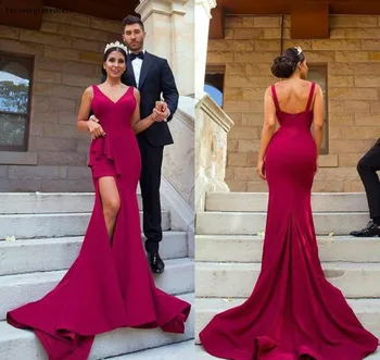 

Hot Burgundy Prom Dress Backless Arabic V Neck Long Formal Holiday Wear Party Gown Plus Size