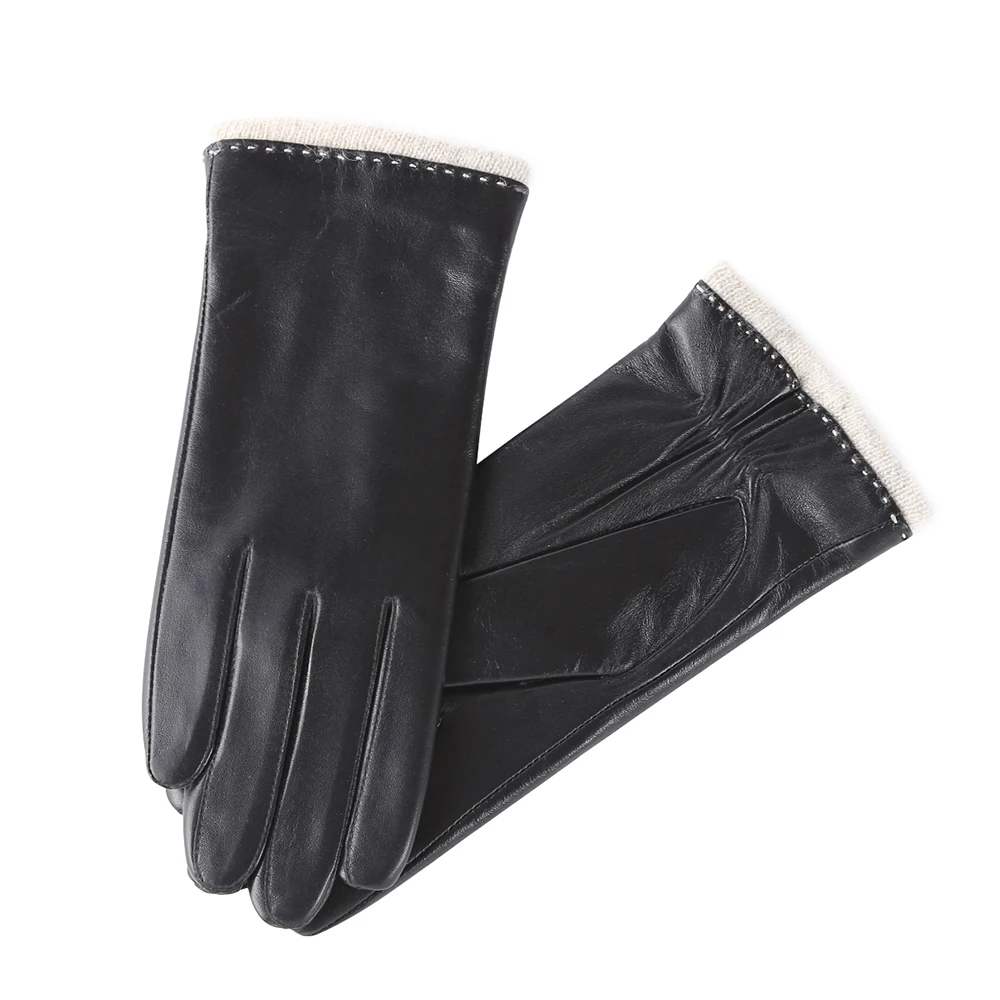 

FEIQIAOSH Classic black genuine leather gloves for women Cashmere lining winter warm wear-resistant driving glove guantes negros