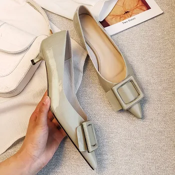 

Womens genuine leather heels Shoes 2020 metal buckle Sexy Luxury Women kitten Heels Party Elegant pointed toe Fashion OL Pumps