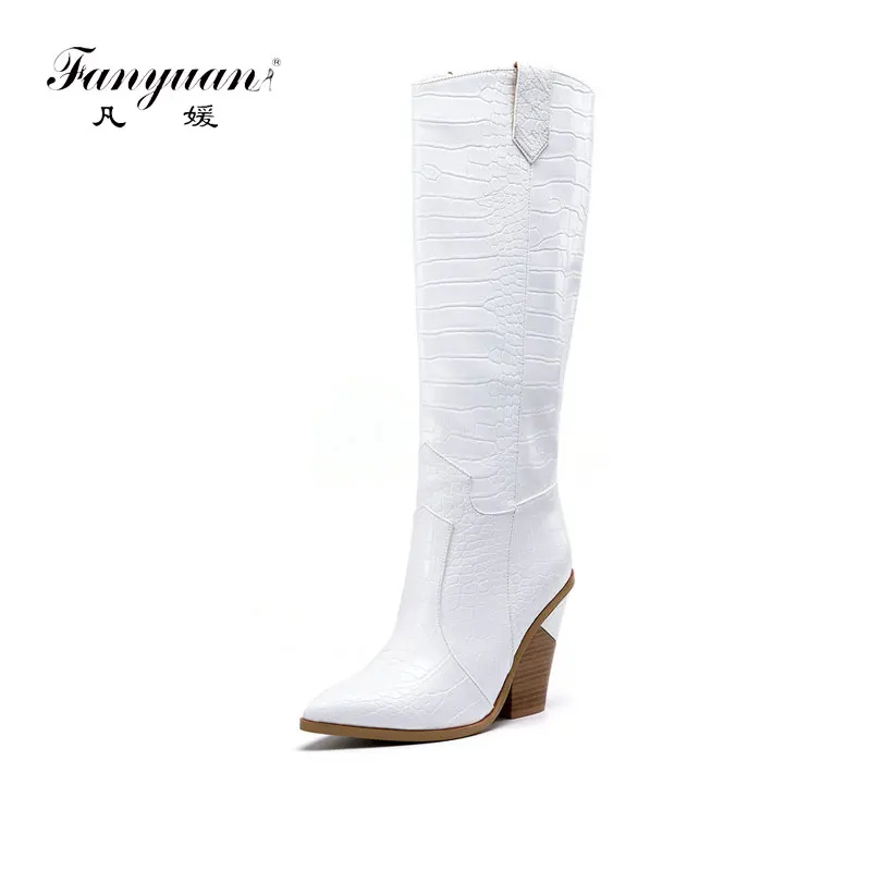 Fanyuan/зимние женские сапоги из искусственной кожи до колена в западном стиле