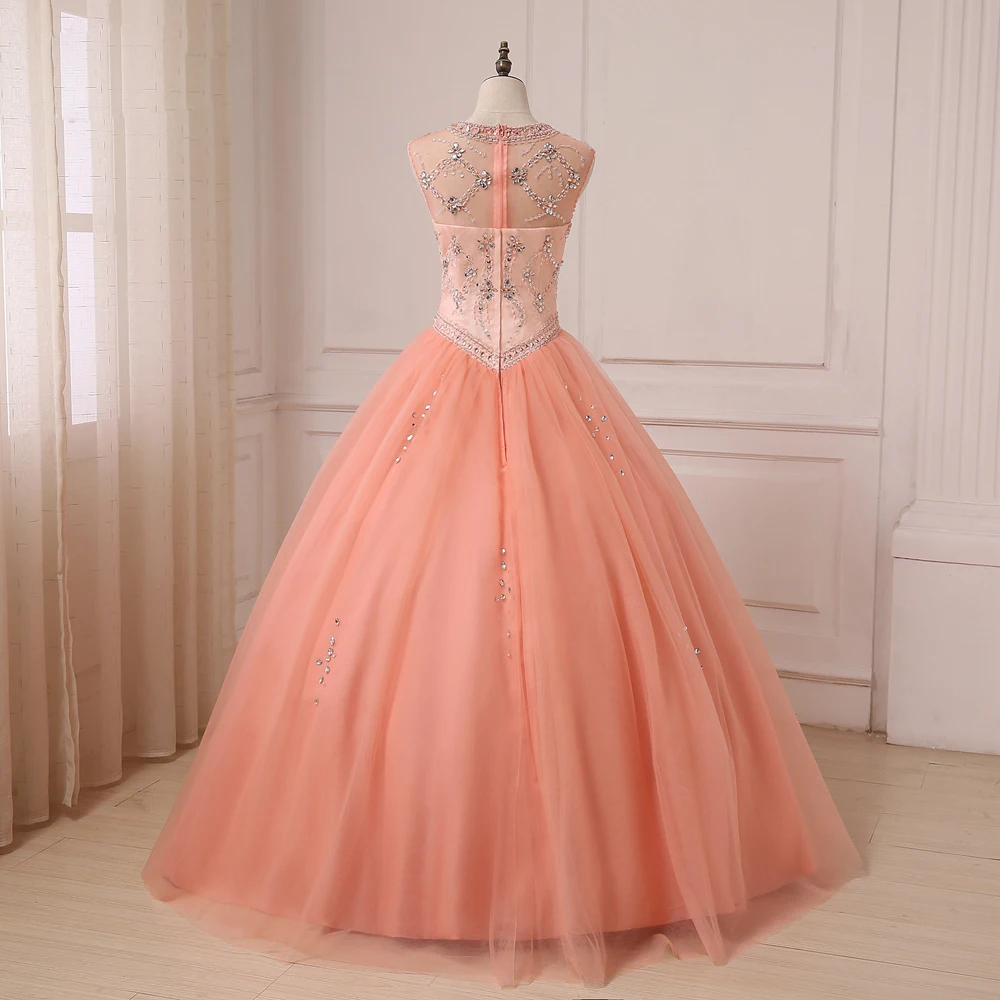 Quinceanera Dress Coral Scoop Sheer Neck Sleeveless Beaded Rhinestones Ball Gown Sweet 15 Dresses Tulle Party Gowns