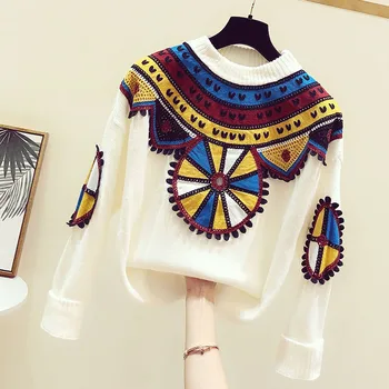 

2019 New Fall Winter Retro Ethnic Style Colored Sweaters Women's Round-necked Long-sleeved Knitted Sweater Ladies Knit Jumper