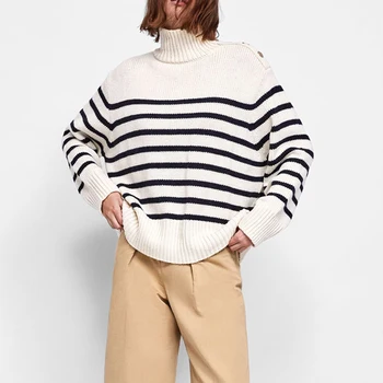 

ZA Women's Turtleneck Sweater Five Colors Optional Thick Warm Side Button Decoration Loose Version Regular Sweater