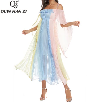 

Qian Han Zi designer fashion runway Maxi dress Women Lotus Leaf Sleeve Color Patchwork Pleated Beach Holiday Long Dress