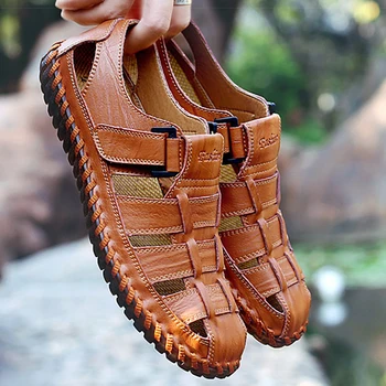 

38-47 Men's Sandals Baotou Leather Summer Casual Breathable Beach Men Slide #9006