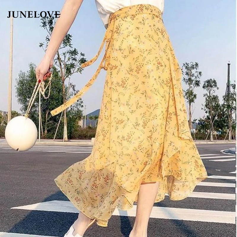 JuneLove Elegant Ruffles Patchwork Holiday Long Maxi Skirts Women High Waist Behemian Irregular Jupe Femme Summer 2020 Bottoms | Женская
