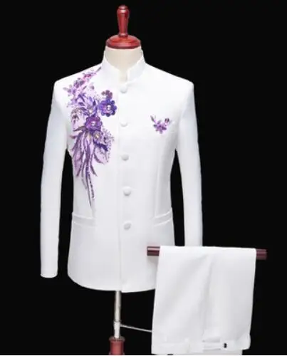 C Applique Embroidered Blazers Stand Collar Men's Suit Chinese Tunic Suit Male Singer Performance Stage Wear(Jacket+Pants) S-3XL - Цвет: C