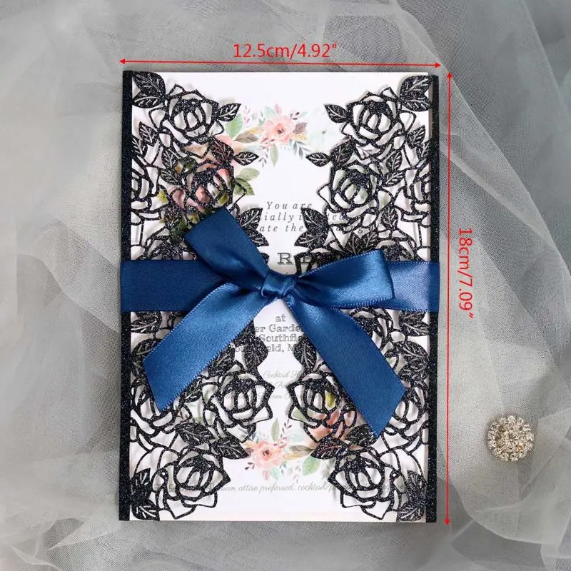  10pcs/set Glitter Laser Cut Rose Invitations Card With Ribbons Wedding Party - 4.0003E+12