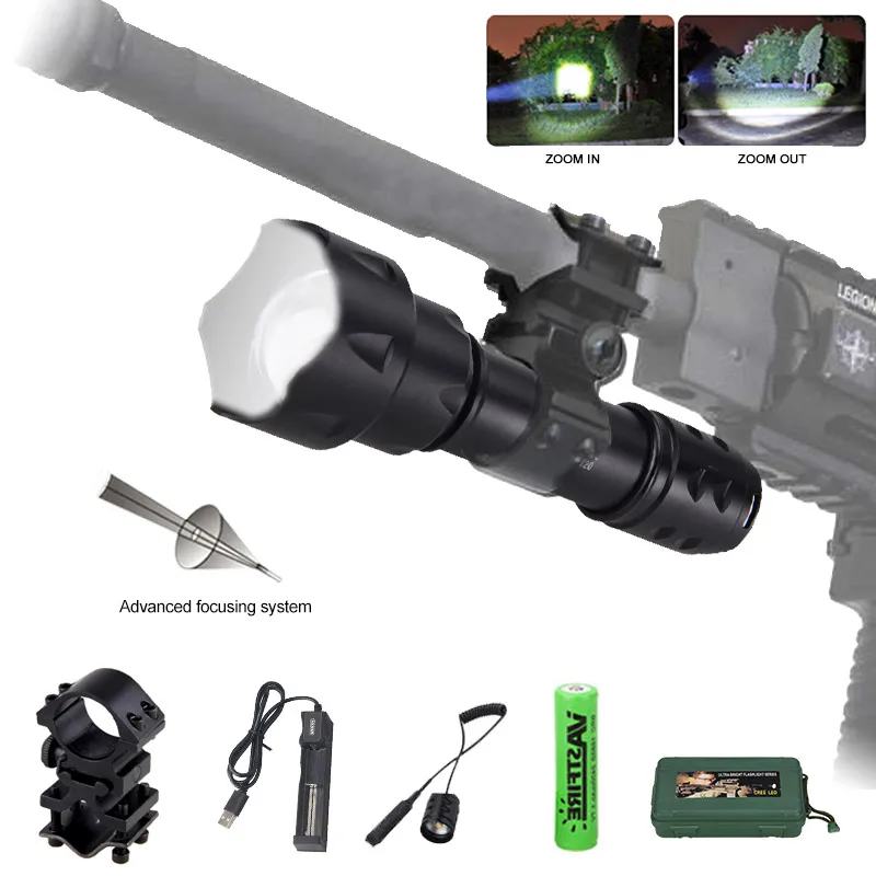

400 Yards T20 White Zoomable Scout Light Tactical Hunting Weapon Gun Flash Light+Rifle Scope Rail Mount+Switch+18650+Charger+Box