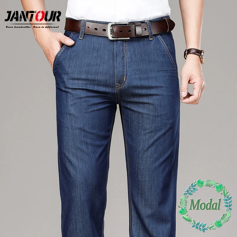 Pantalones vaqueros rectos formales para hombre, Jeans elásticos de cintura alta, color azul, para negocios, de verano, alta calidad, 42