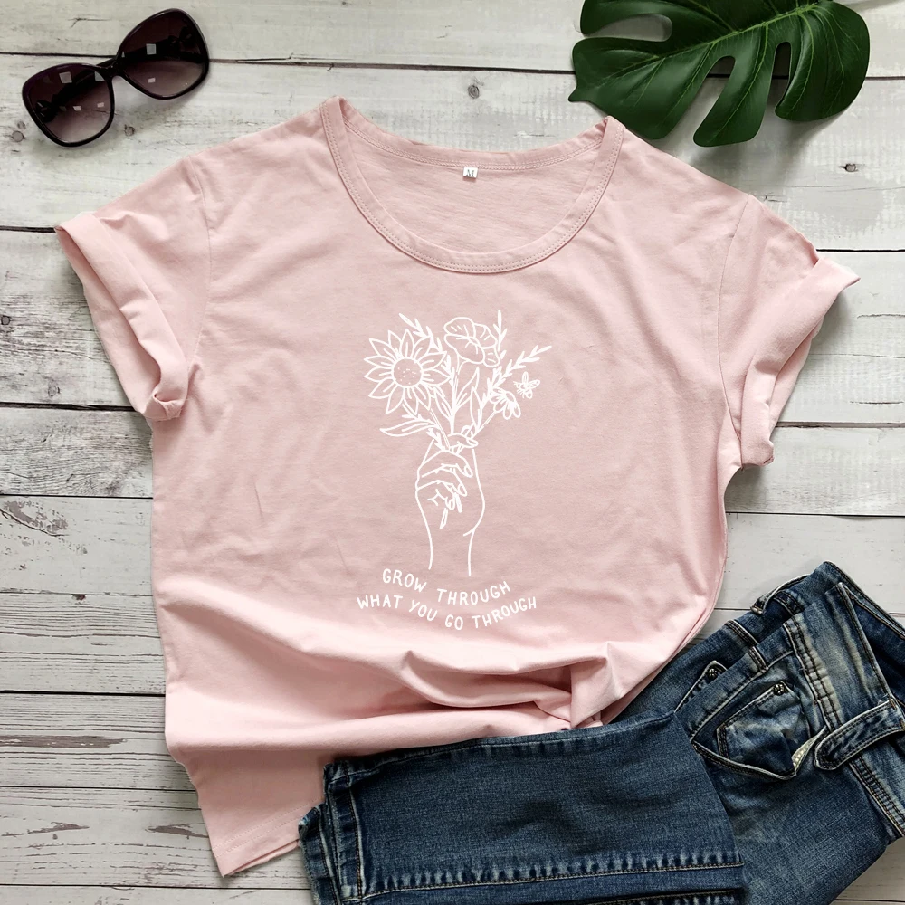 Летние расти через то, что вы проходите футболки Винтаж Цветочный принт футболка Топ Для женщин Crewbeck крафический Tumblr из хлопчатобумажной ткани, раздел-футболки - Цвет: peach-white text