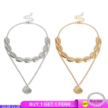 

925 Silver Bohemia Shell Scallop Pendant Necklace Wild Metal Texture Double Layer Fashion Ethnic Style Ornaments Woman Gift