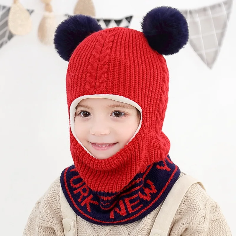 Детская шапка, новая зимняя теплая шапка с помпоном, ветрозащитная, бархатная, Детская вязаная, цельная шапка с наушниками, двойные шаровые шапки с ушками для детей - Цвет: Красный
