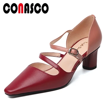 

CONASCO 2020 Spring Summer Fashion Casual Woman Genuine Leather Pumps Mixed Colors Narrow Band Thick Heels Shallow Shoes Woman