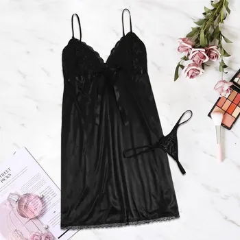 

Fashion Night Dress Women Sexy Plus Size V-Neck Bow Nightdress With Thong Lingerie Set Underwear Set nuisette femme K56