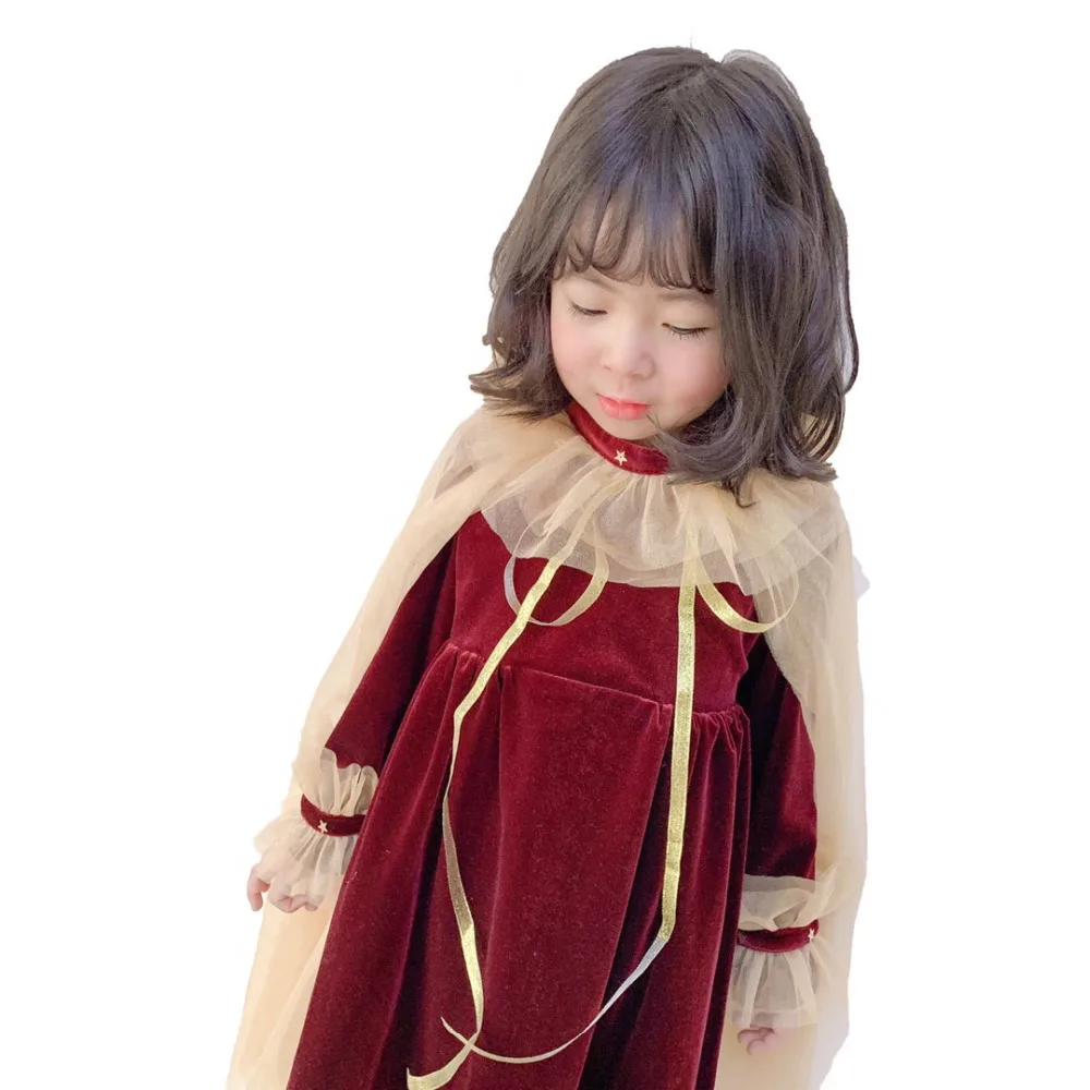 Платье для девочек красное платье с длинными рукавами праздничное платье принцессы с накидкой в подарок