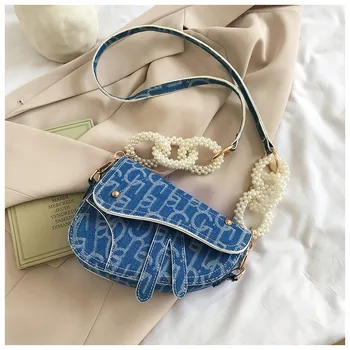 

Vintage Non-Mainstream Denim Envelope Saddle Bag Female Fashion 2020 New Summer Pearl Chain Shoulder/Crossbody Bag