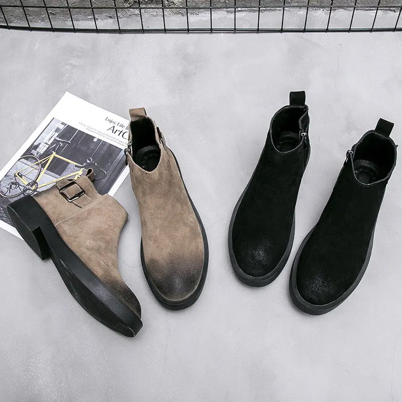 ERRFC Hot Selling Mens Motorcycle Boots Fashion Brtitish Aged Man Black Short Ankle Boots Back Buckle Strap Leather Leisure Shoe