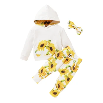 

Newborn Infant Baby Girls Floral Clothes Set Long Sleeve Hooded Tops Hoodie Pants Headband Flower 3PCS Set Toddler Clothing