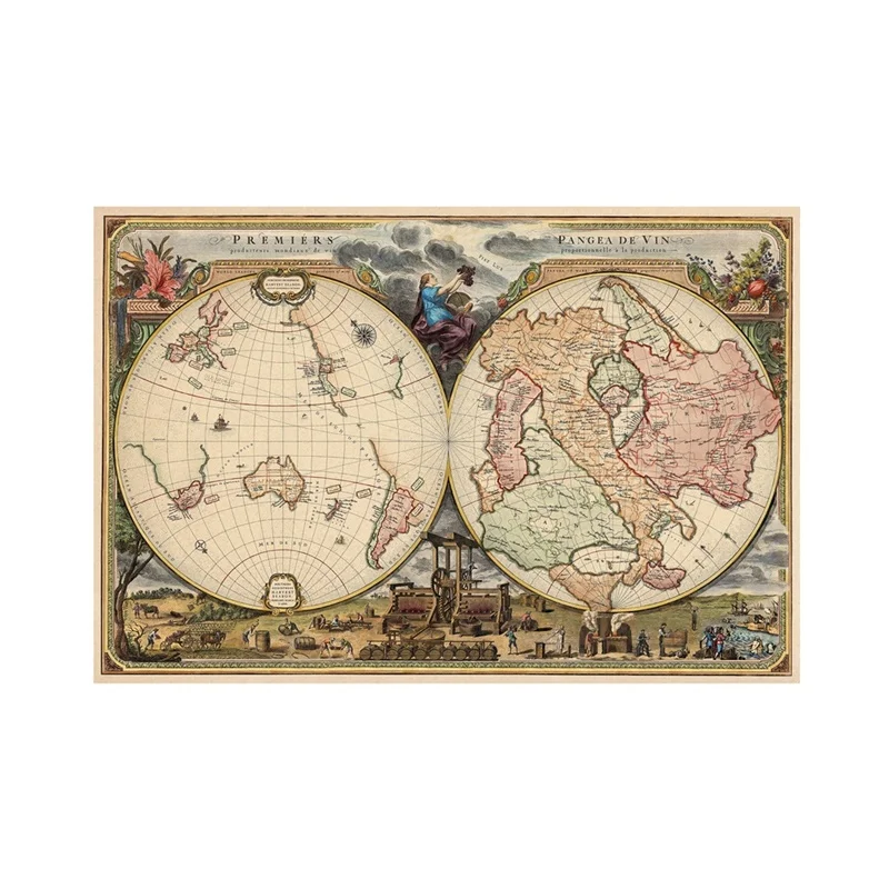 90x60cm Vintage Map Retro First Pangea of Wine Map Canvas Painting Posters and Prints for Home Bar Hotel Decoration