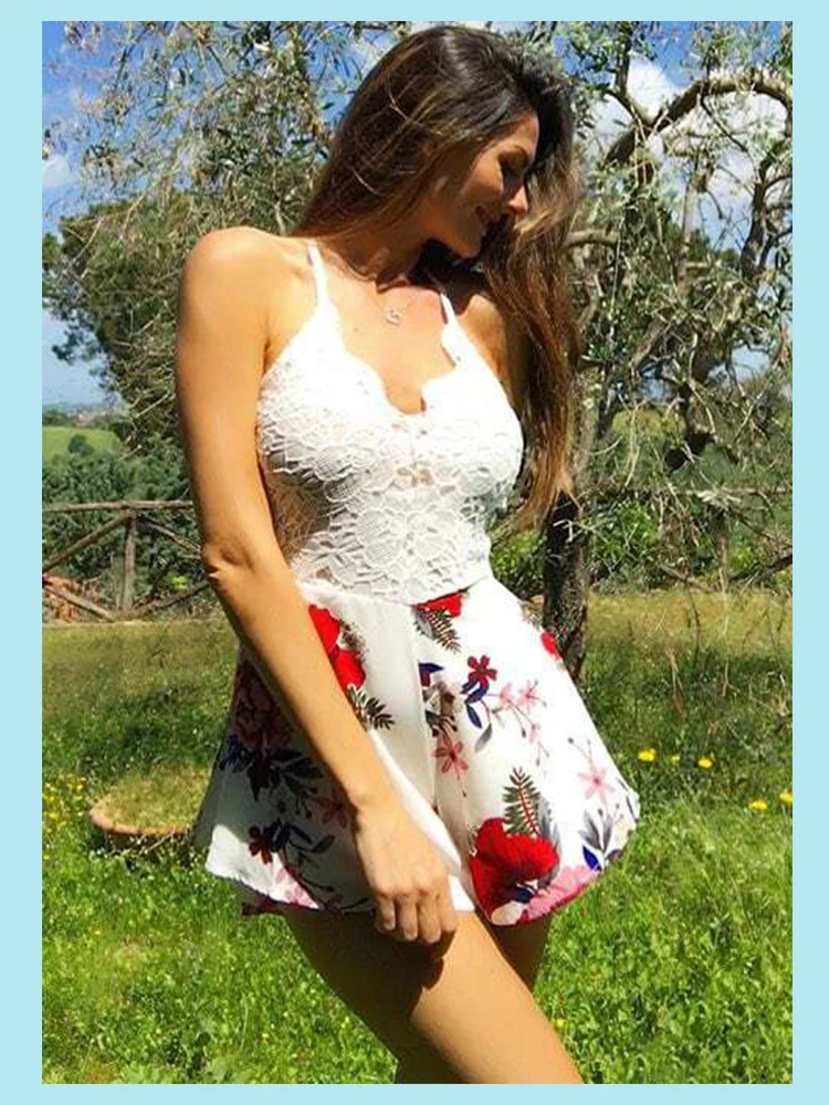 Dotfashion, вязаный крючком кружевной комбинезон с бантом на спине и цветочным рисунком, женский комбинезон с v-образным вырезом, без рукавов, сексуальный Летний комбинезон
