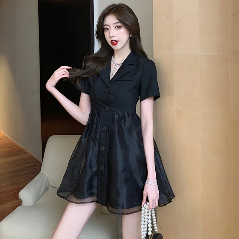 

Summer Vintage Korean Hepburn Casual Suit Sundress 2023 Elegant Party Vestidos Women Black Bodycon Backless Sexy Club Mini Dress