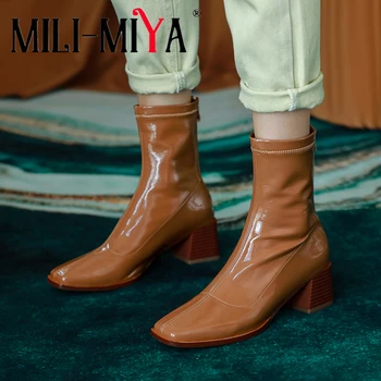 

MILI-MIYA Solid Color Fashion Women Ankle Boots Stretch Microfiber Zipper Comfortable Square Toe Thick Heels Motorcycle Shoess