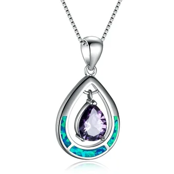 

Elegant Teardrop Purple Crystal Blue Fire Opal Alloy Necklace Chain Women Jewelry Gifts