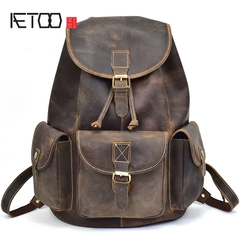 

BJYL Europe and the United States style men backpack crazy horse skin fashion men backpack head cow layer skin students shoulde
