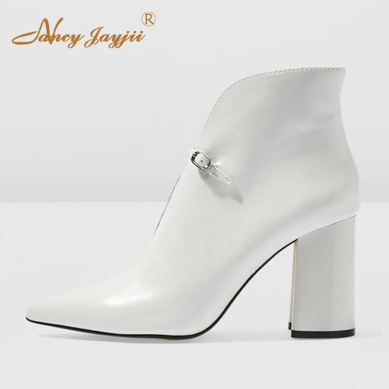 

Ladies Spring Booties Shoes White Black Pointed Toe Ankle Boots Woman High Square Heels Buckle Strap Small Size 30 33 36 Fashion