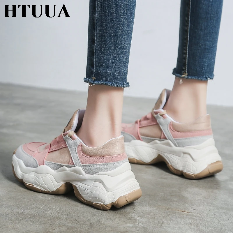HTUUA/высококачественные кроссовки; цвет розовый, белый; женские Сникеры на платформе; кроссовки на не сужающемся книзу массивном каблуке 5 см; повседневная обувь для женщин; tenis SX3142