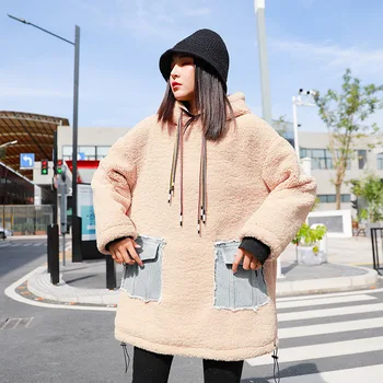 

#5523 Winter Hoodies Women Plus Size Black Khaki Thick Warm Oversized Wool Hoodie Woman Khaki Black Long Hoodies Denim Pockets