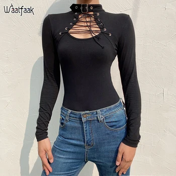 

Waatfaak Hollow Out Bandage Bodysuit Women Punk Gothic Long Sleeve Bodysuits Romper O Neck Black Body Suit Femme High Street Top